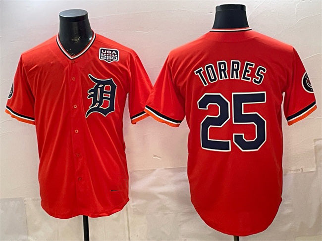 Detroit Tigers #25 Gleyber Torres Orange Fedasgoge 2026 Alternate USA 250' Patch Vapor Premier Limited Stitched Jersey