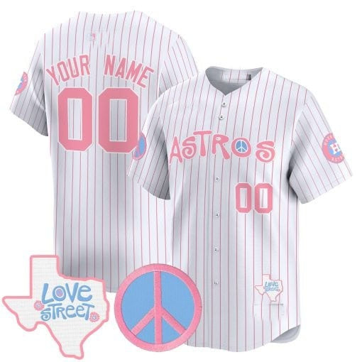 Custom Houston Astros  Love Street & Peace Sign Patch Bubblegum Pink Vapor Premier Limited Jersey ¨C Pinstripe Fedasgoge