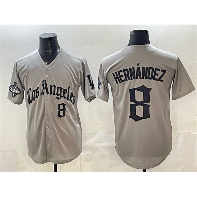 Los Angeles Dodgers #8 Enrique Hernandez Grey Fedasgoge LA Gothic Style With 2025 World Series Champions Patch Limited Stitched Jersey