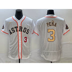 Houston Astros #3 Jeremy Pena Number 2023 White Gold Fedasgoge World Serise Champions Patch Flex Base Stitched Jersey