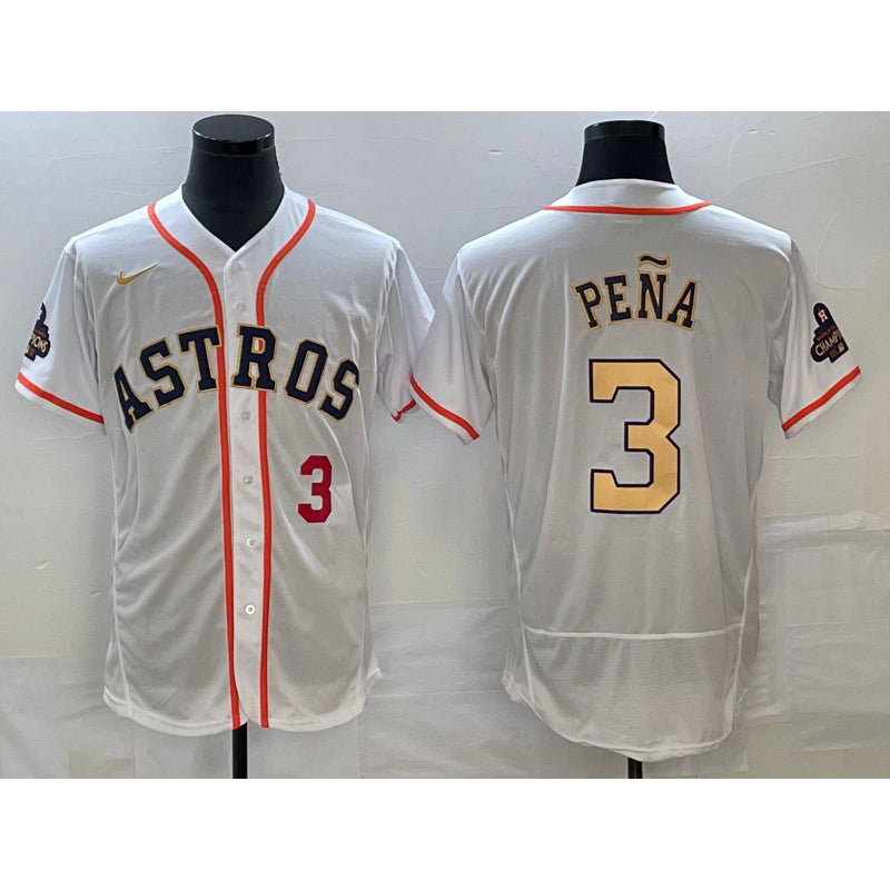 Houston Astros #3 Jeremy Pena Number 2023 White Gold Fedasgoge World Serise Champions Patch Flex Base Stitched Jersey