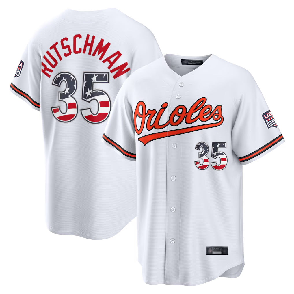 Baltimore Orioles #35 Adley Rutschman Player White Fedasgoge USA 250 Fourth of July Home Game Stitched Jerseys