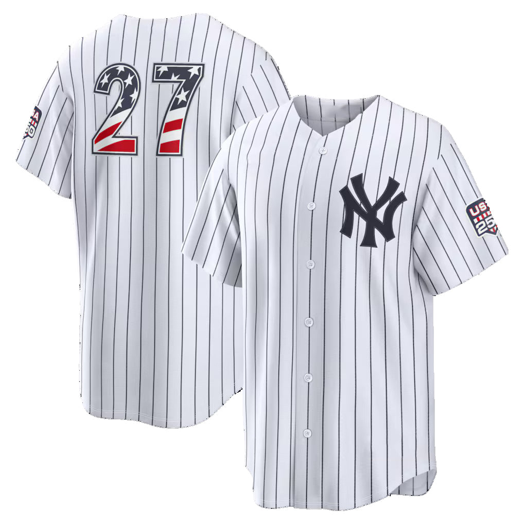 New York Yankees #27 Giancarlo Stanton USA 250 Fourth of July Home Stadium Jersey - White Fedasgoge