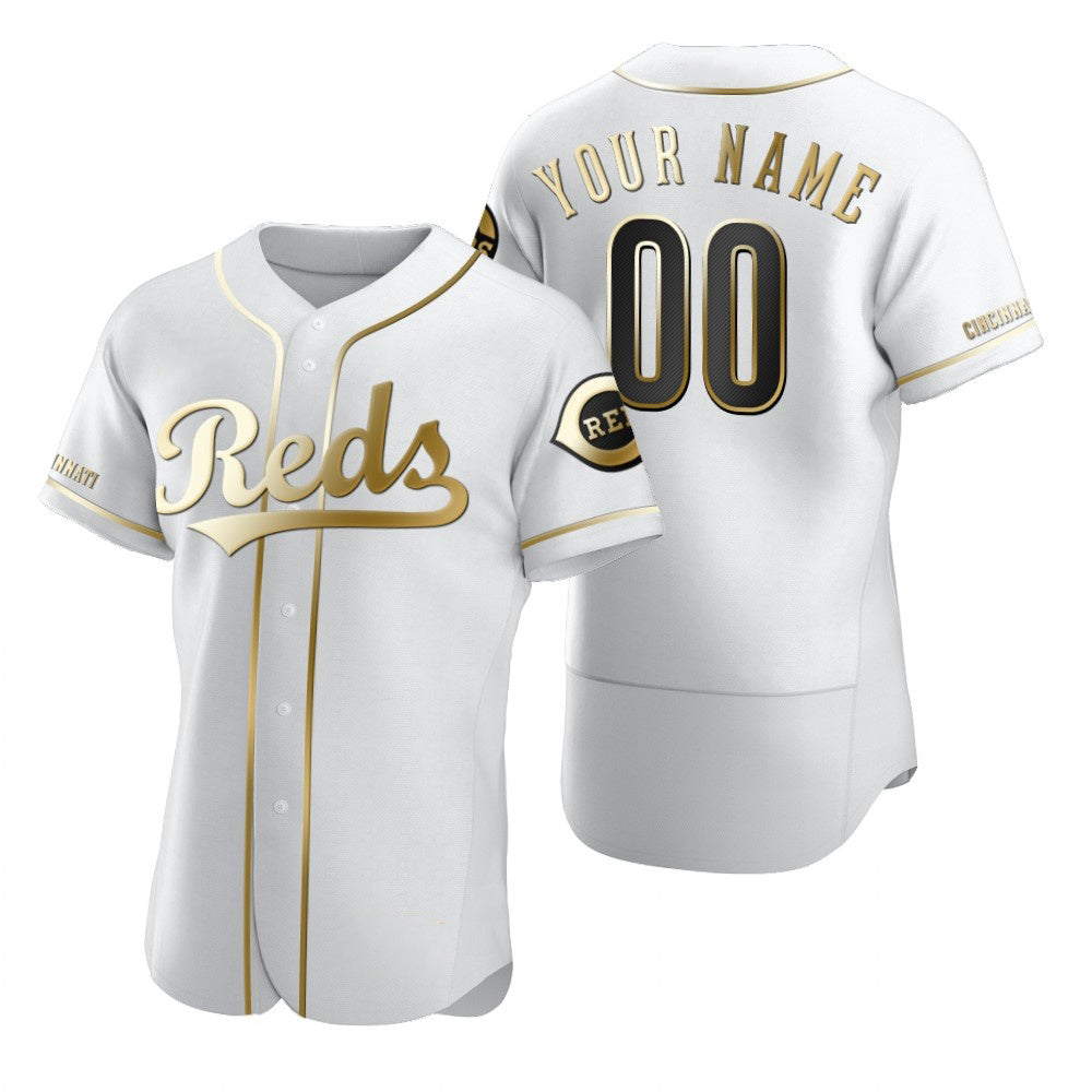 Custom Cincinnati Reds White Fedasgoge Stitched Flex Base Golden Edition Jersey