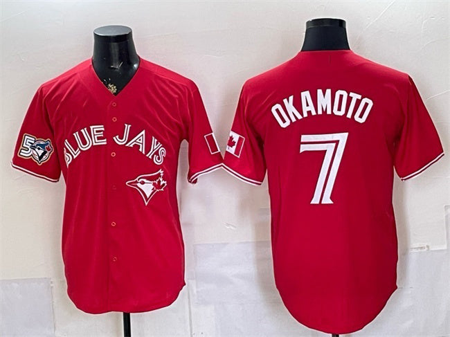 Toronto Blue Jays #7 Kazuma Okamoto Red Fedasgoge 50 Seasons Patch Stitched Jersey