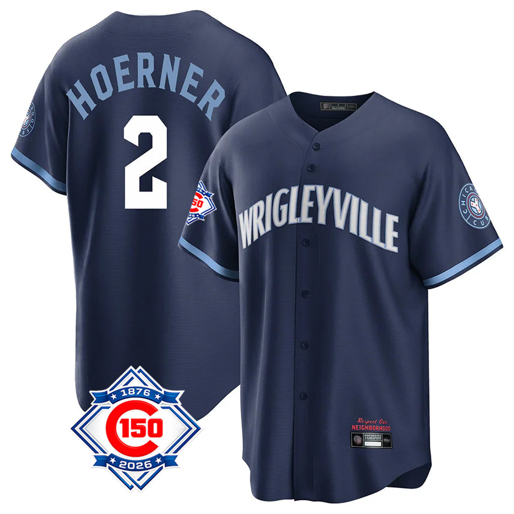 Chicago Cubs #2 Nico Hoerner Player Navy Fedasgoge 150th Anniversary City Connect Home Game Stitched Jerseys