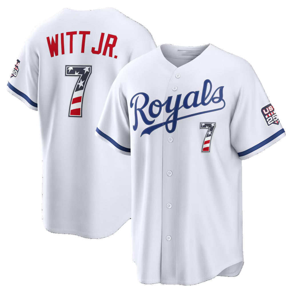Kansas City Royals #7 Bobby Witt Jr. USA 250 Fourth of July Home Stadium Jersey - White Fedasgoge