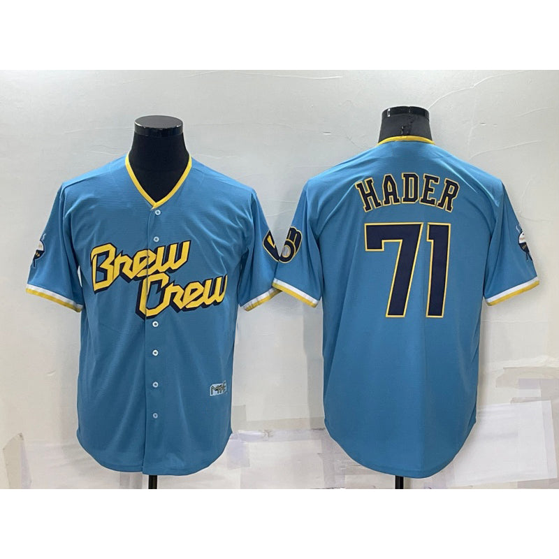 Milwaukee Brewers #71 Josh Hader Blue Fedasgoge 2022 City Connect Cool Base Stitched Jersey