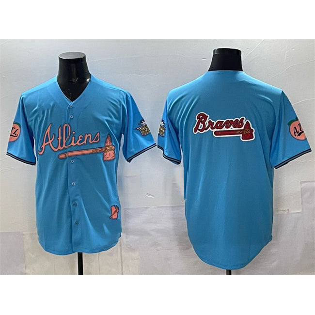 Atlanta Braves Team Big Logo Blue Fedasgoge 2024 Atliens & Peach With Outkast Patch Vapor Limited Stitched Jersey
