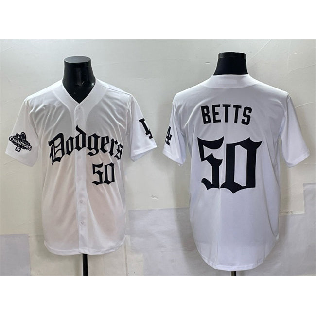 Los Angeles Dodgers #50 Mookie Betts White Fedasgoge 2025 LA Gothic Style With 2024 World Series Champions Patch Vapor Premier Limited Stitched Jersey