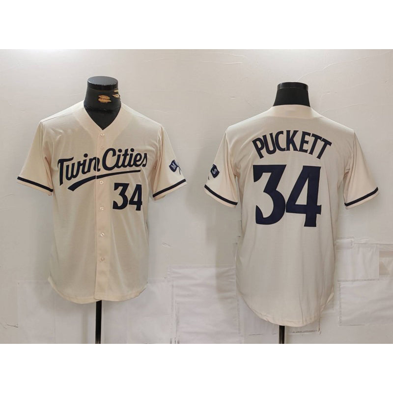 Minnesota Twins #34 Kirby Puckett Number Cream Fedasgoge Cool Base Stitched Jersey