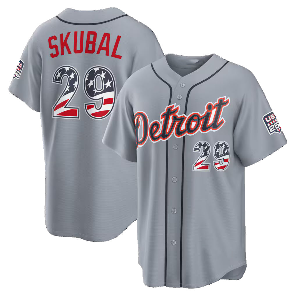 Detroit Tigers #29 Tarik Skubal USA 250 Fourth of July Road Stadium Jersey - Gray Fedasgoge