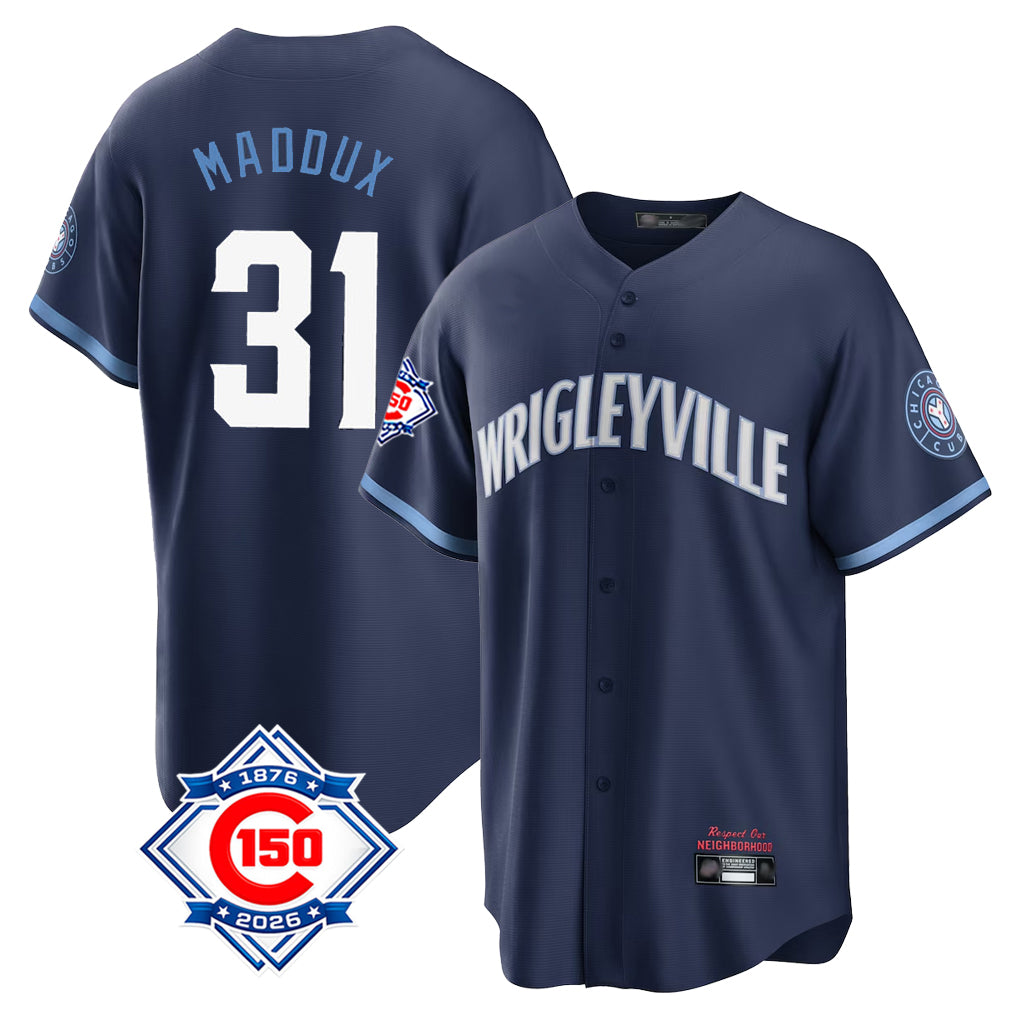 Chicago Cubs #31 Greg Maddux Player Navy Fedasgoge 150th Anniversary City Connect Home Game Stitched Jerseys