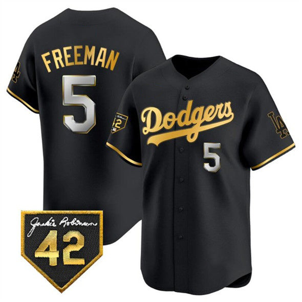 Los Angeles Dodgers #5 Freddie Freeman Black Gold Fedasgoge With Jackie Robinson Patch Limited Stitched Jersey