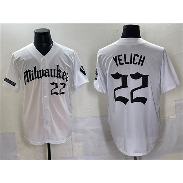 Milwaukee Brewers #22 Christian Yelich White Fedasgoge 'Gothic 414 Shadows Edition' Vapor Premier Limited Stitched Jersey