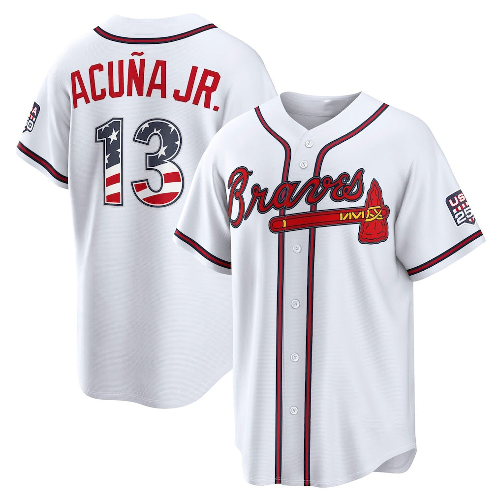 Atlanta Braves #13 Ronald Acu?a Jr. USA 250 Fourth of July Home Stadium Jersey - White Fedasgoge