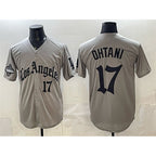 Los Angeles Dodgers #17 Shohei Ohtani Grey Fedasgoge LA Gothic Style With 2025 World Series Champions Patch Limited Stitched Jersey