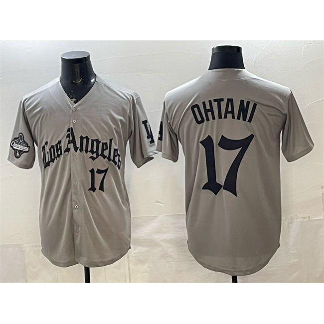 Los Angeles Dodgers #17 Shohei Ohtani Grey Fedasgoge LA Gothic Style With 2025 World Series Champions Patch Limited Stitched Jersey
