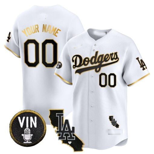 Custom Los Angeles Dodgers Vin & California Patch Gold Trim Vapor Premier Limited Jersey ¨C White Gold Fedasgoge