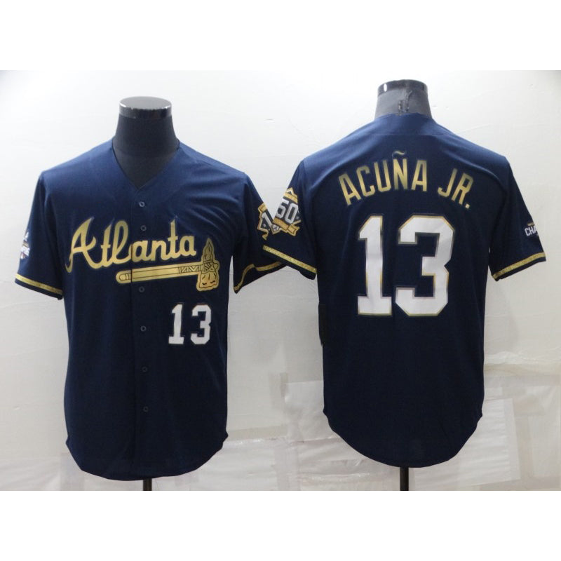Atlanta Braves #13 Ronald Acuna Jr Navy Blue FOULKSSHOP 2021 World Series Champions Golden Edition Stitched Cool Base Jersey