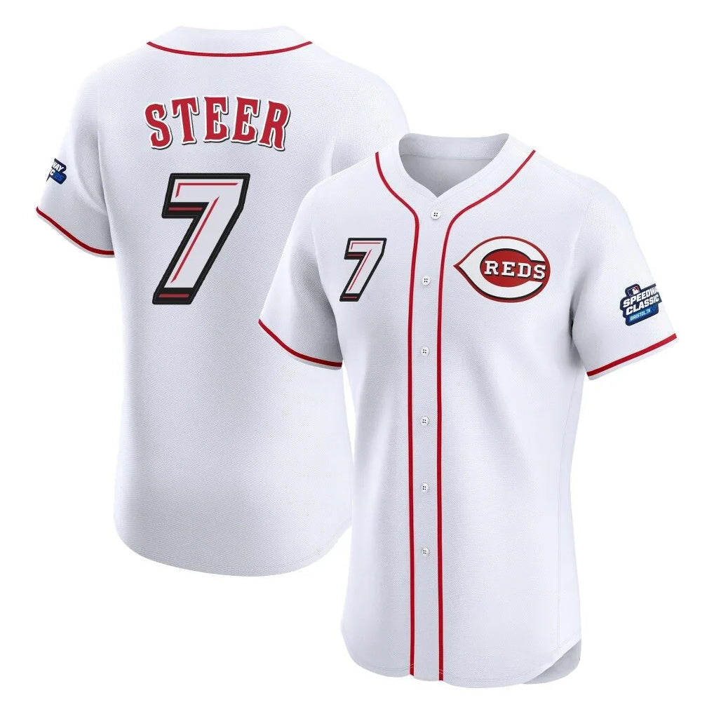 Cincinnati Reds #7 Spencer Steer Player White Fedasgoge Speedway Classic Limited Elite Home Stitched Jerseys