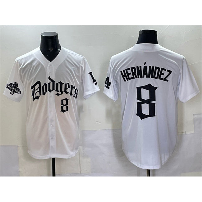 Los Angeles Dodgers #8 Enrique Hernandez White Fedasgoge 2025 LA Gothic Style With 2024 World Series Champions Patch Vapor Premier Limited Stitched Jersey