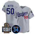 Los Angeles Dodgers #50 Mookie Betts Grey Fedasgoge 2024 World Series With Fernando Memorial Patch Limited Stitched Jersey