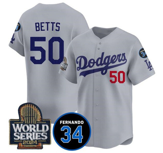 Los Angeles Dodgers #50 Mookie Betts Grey Fedasgoge 2024 World Series With Fernando Memorial Patch Limited Stitched Jersey