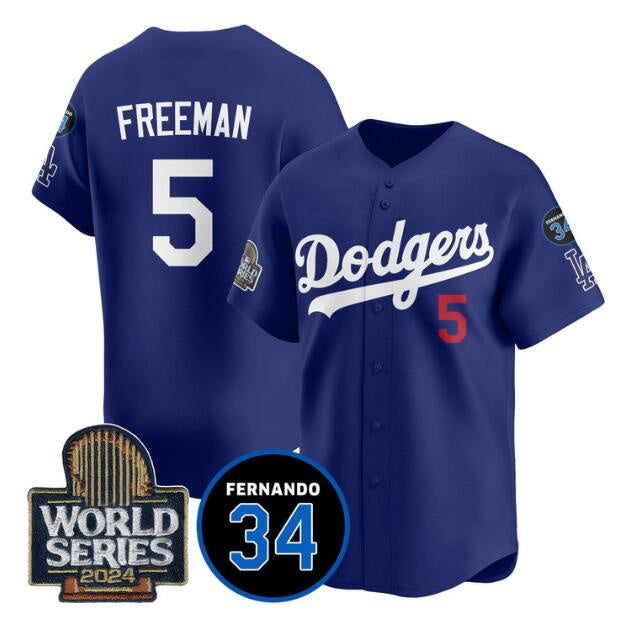 Los Angeles Dodgers #5 Freddie Freeman Royal Fedasgoge 2024 World Series With Fernando Memorial Patch Limited Stitched Jersey