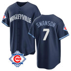 Chicago Cubs #7 Dansby Swanson Player Navy Fedasgoge 150th Anniversary City Connect Home Game Stitched Jerseys