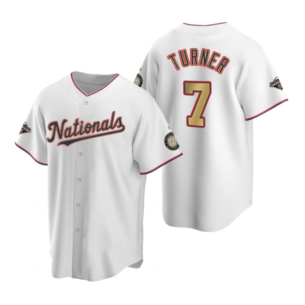 Washington Nationals #7 Trea Turner White Gold Fedasgoge 2019 World Series Champions Stitched Cool Base Jersey