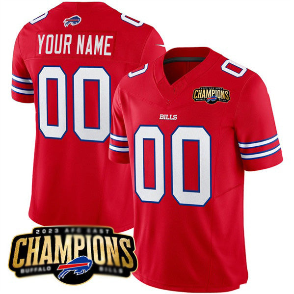 Custom B.Bills Active Player Red Fedasgoge 2023 F.U.S.E. AFC East Champions Ptach Stitched Jersey