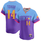 Colorado Rockies #14 Ezequiel Tovar Player Purple-Light Blue Fedasgoge City Connect Limited Home T-shirt Stitched Jerseys