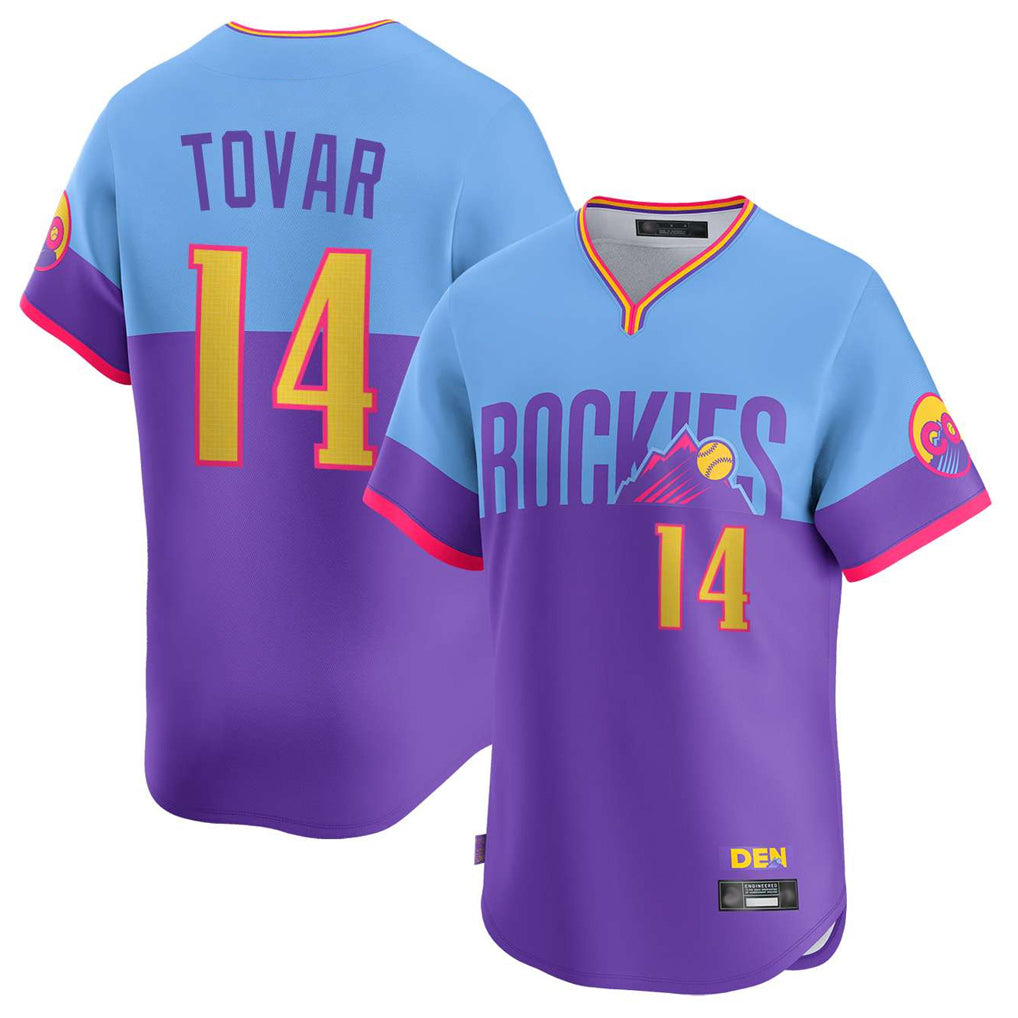 Colorado Rockies #14 Ezequiel Tovar Player Purple-Light Blue Fedasgoge City Connect Limited Home T-shirt Stitched Jerseys