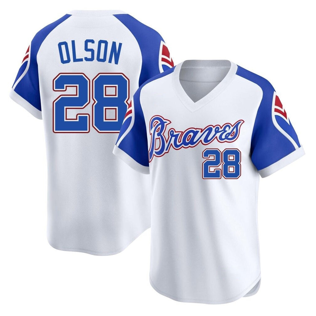 Atlanta Braves #28 Matt Olson Player White Fedasgoge Throwback Cooperstown Collection T-shirt Game Stitched Jerseys