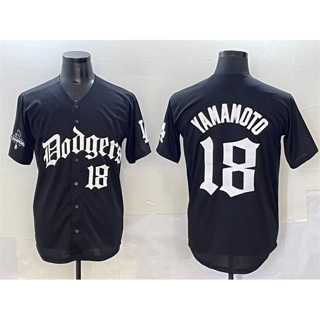 Los Angeles Dodgers #18 Yoshinobu Yamamoto Black Fedasgoge 2025 LA Gothic Style With 2024 World Series Champions Patch Vapor Premier Limited Stitched Jersey