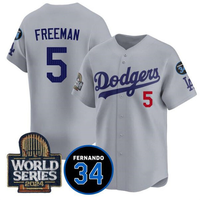Los Angeles Dodgers #5 Freddie Freeman Grey Fedasgoge 2024 World Series With Fernando Memorial Patch Limited Stitched Jersey