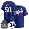 Los Angeles Dodgers #50 Mookie Betts Royal Fedasgoge 2024 World Series With No. 34 Patch Cool Base Stitched Jersey