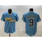 Milwaukee Brewers #9 Bob Uecker Powder Blue Fedasgoge City Connect With Patch Cool Base Stitched Jersey