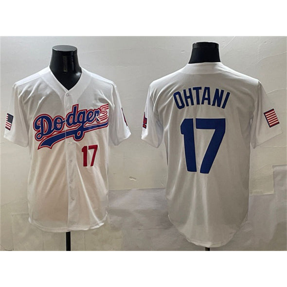 Los Angeles Dodgers #17 Shohei Ohtani White Fedasgoge With American Flag Patch Limited Stitched Jersey