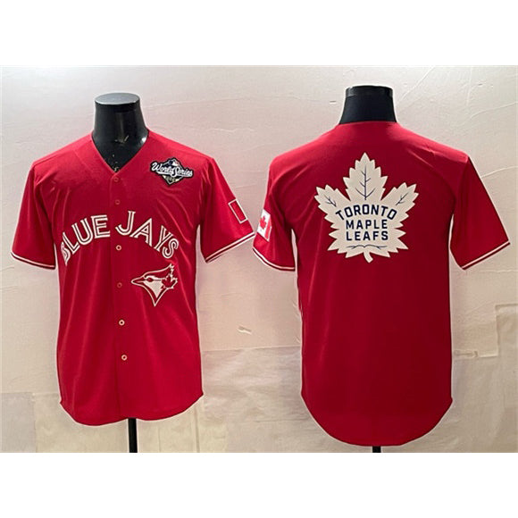 Toronto Blue Jays & Leafs Red Fedasgoge 2025 World Series With White Leafs Logo Cool Base Stitched Jersey