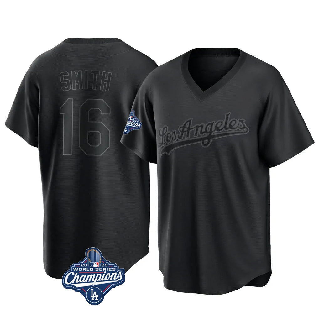 Los Angeles Dodgers #16 Will Smith Player Black Fedasgoge World Series Meet Pitch Fashion T-shirt Stitched Jerseys