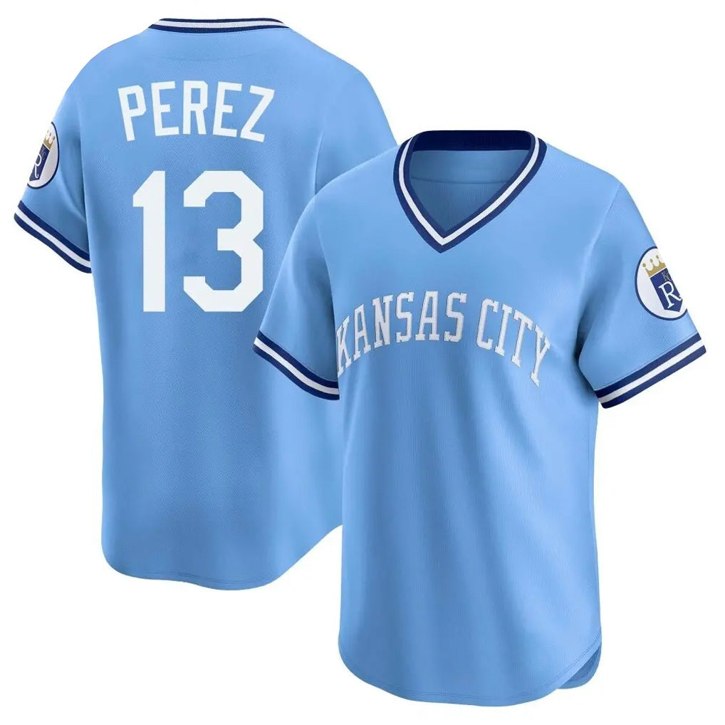 Kansas City Royals #13 Salvador Perez Player Light Blue Fedasgoge Limited Throwback Cooperstown Collection T-shirt Stitched Jerseys