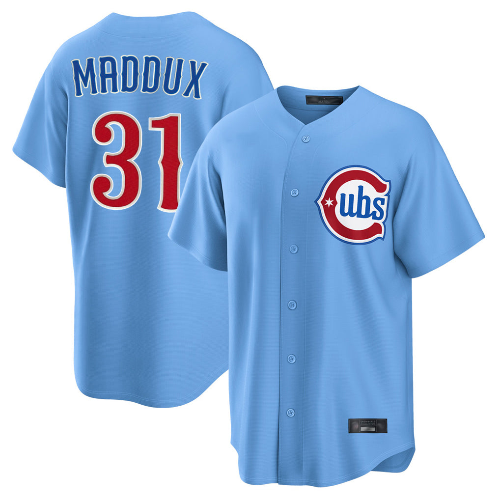Chicago Cubs #31 Greg Maddux Player Light Blue Fedasgoge Home Game Stitched Jerseys