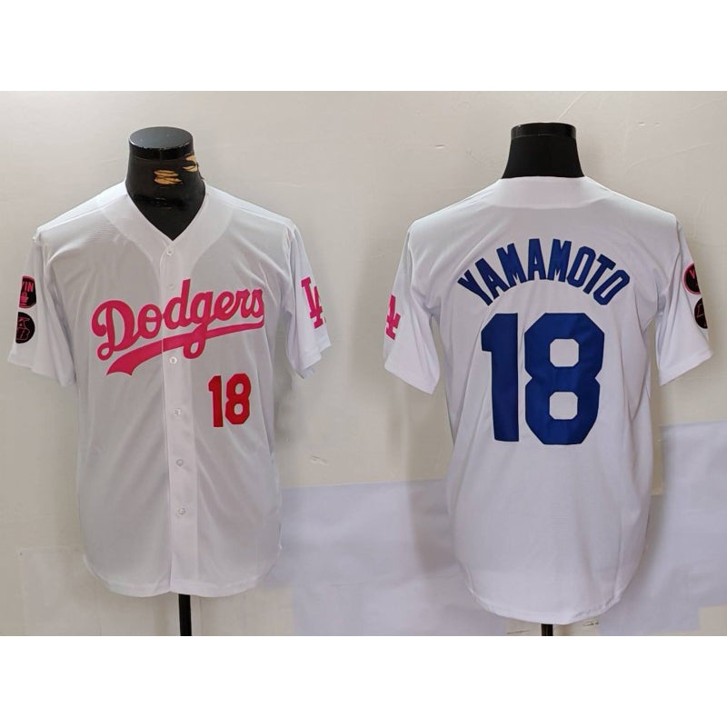 Los Angeles Dodgers #18 Yoshinobu Yamamoto White Pink Fedasgoge Vin & Kobe Patch Stitched Jerseys