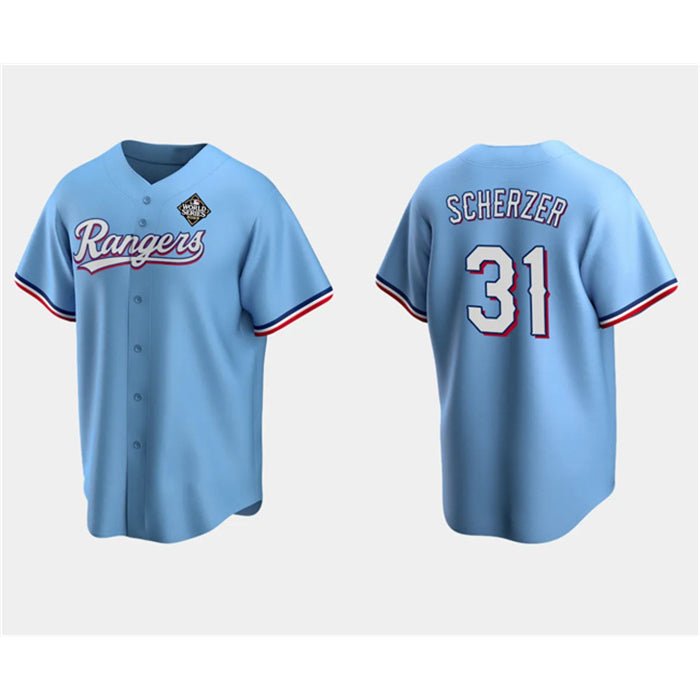 Texas Rangers #31 Max Scherzer Blue Fedasgoge 2023 World Series Stitched Jersey
