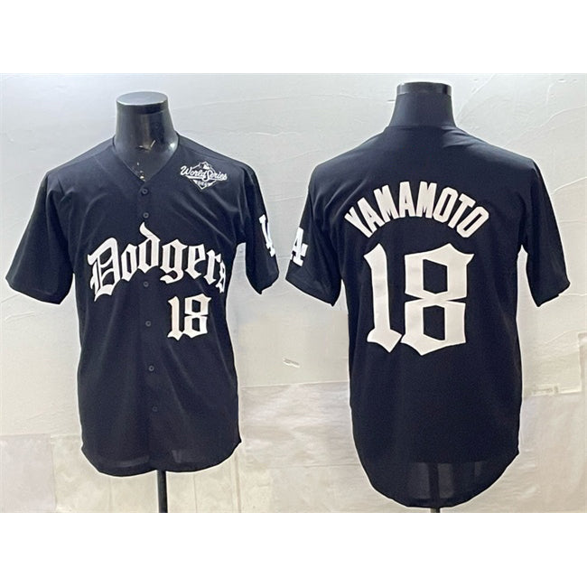 Los Angeles Dodgers #18 Yoshinobu Yamamoto Black Fedasgoge 2025 LA Gothic Style With 2025 World Series Patch Vapor Premier Limited Stitched Jersey