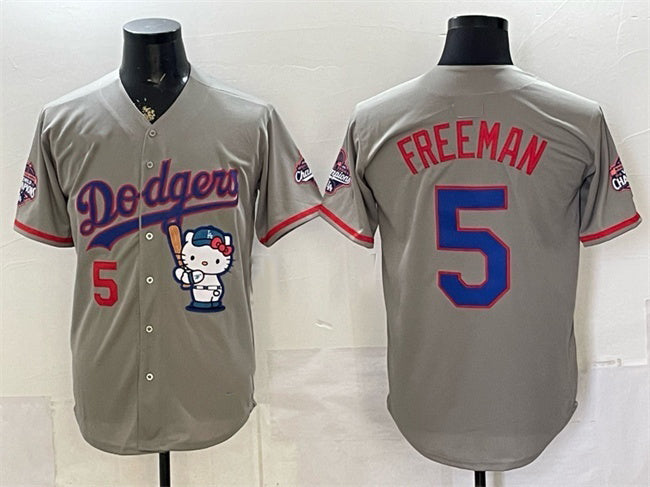 Los Angeles Dodgers #5 Freddie Freeman Grey Fedasgoge Hello Kitty Night 2025 World Series Champions Patch Stitched Jersey