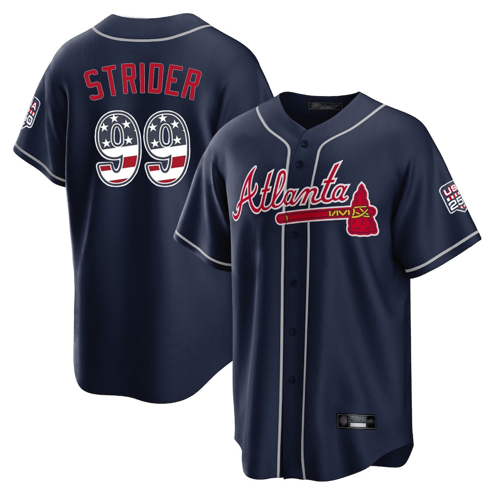Atlanta Braves #99 Spencer Strider Player Navy Fedasgoge USA 250 Fourth Of July Limited Home Game Stitched Jerseys
