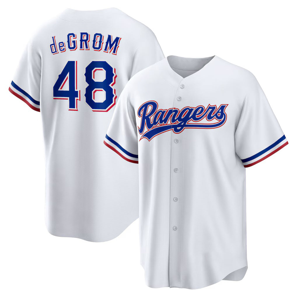 Texas Rangers #48 Jacob deGrom White Fedasgoge Home Replica Player Jersey
